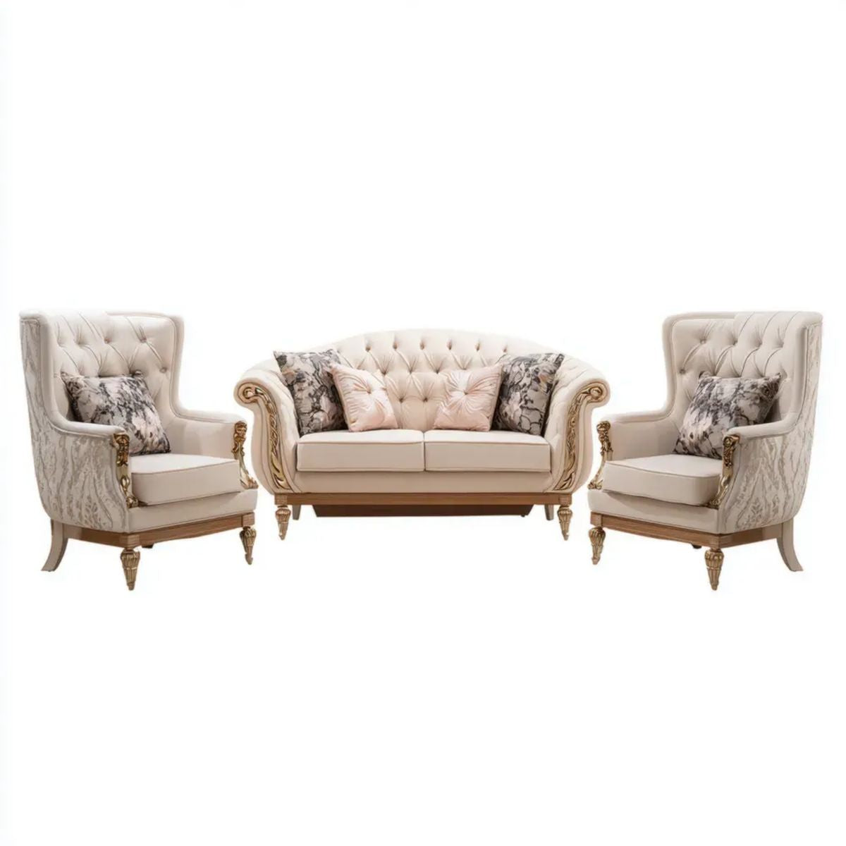 Sofa, Klasyczny 3 gumowy poliester w kremie, złocie, szarym i beżowym, 2-osobowa sofa 180 x 90 x 108 cm i 2 fotele 90 x 90 x 115 cm