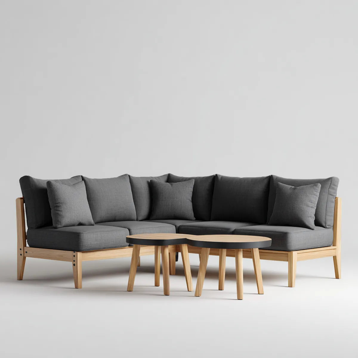 Sofa ogrodowa, Taras Ecksofa zestaw Szara charakter z litego drewna akacji z 260 x 180 x 78 cm kształt L- i 2 okrągłe stoły boczne