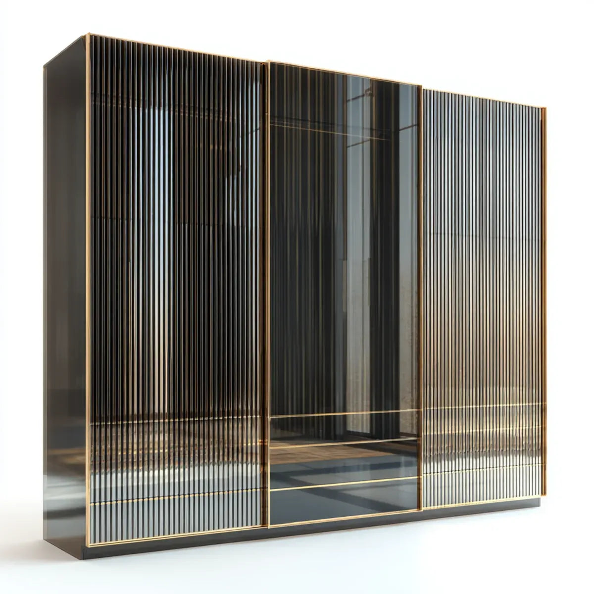 Szafa z 3 drzwi przesuwne czarne i złoto MDF i szkło hartowane prostokątne perfumy 270 x 60 x 220 cm