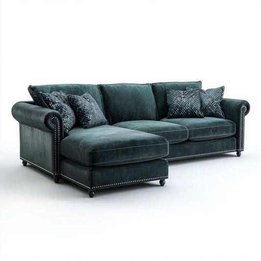 Sofa, 3-osobowa sofa z lewym szezlongiem w zielonym oleju, 280 x 165 x 85 cm