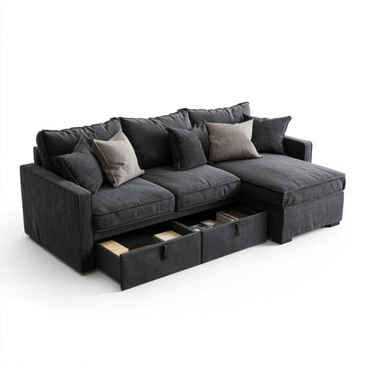 Sofa, 3 antracyt z kanapą z szezlongiem, poduszkami i 2 szuflady z tworzywa sztucznego, 250 x 160 x 85 cm