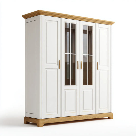 Szafa 4-drzwiowa biały i dąb 200 x 60 x 220 cm szafa MDF z prostokątnymi wkładkami szklanymi