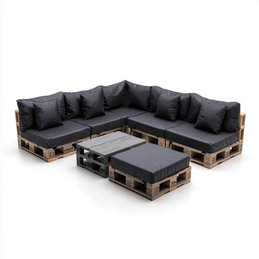 Sofa ogrodowa, Palety Lounge Zestaw U- Kształt czarny 7-częściowy lite drewno sosnowe z poliestrową tapicerką 400 x 240 x 70 cm