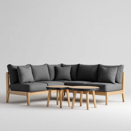 Sofa ogrodowa, Taras Ecksofa zestaw Szara charakter z litego drewna akacji z 260 x 180 x 78 cm kształt L- i 2 okrągłe stoły boczne