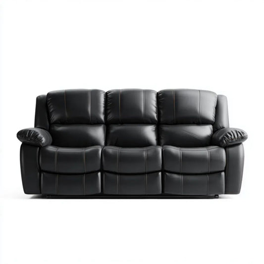Sofa, Proste relaks sofa 3 fotele czarne ze skóry syntetycznej poliuretanowej PU 210 x 95 x 100 cm