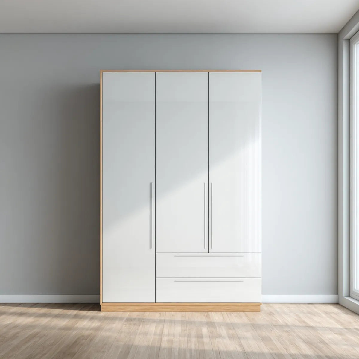Szafa, Koszulka na drzwi uchylne Biała Dąb naturalny Optics 150 x 60 x 200 cm prostokątna płyta wiórowa z 3 drzwiami i 2 szufladami