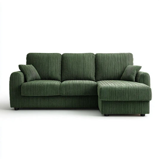 Sofa, 3-osobowa sofa w ciemnozielony betonowy z szezlongiem po prawej, 240 x 150 x 85 cm