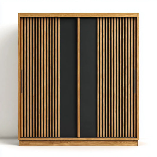 Szafa z drzwiami przesuwnymi z dębem naturalnym i czarnym 180 x 60 x 200 cm prostokątnym MDF