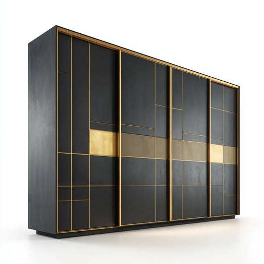Szafa 4-drzwiowa przesuwne czarne złoto 300 x 60 x 240 cm w prostokątnej melaminy