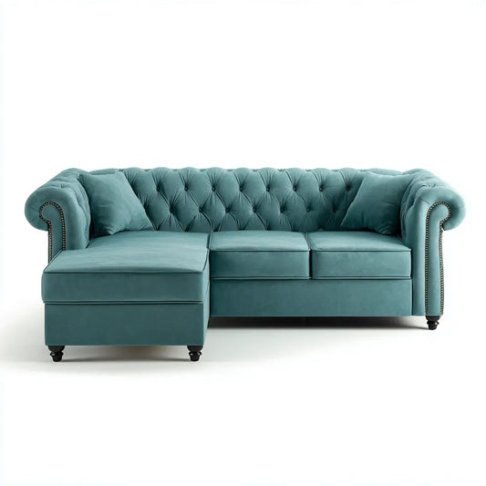 Sofa, narożnik Chesterfield 3 Fotele z szezlongiem lewy zielony poliester aksamit olej 250 x 160 x 76 cm