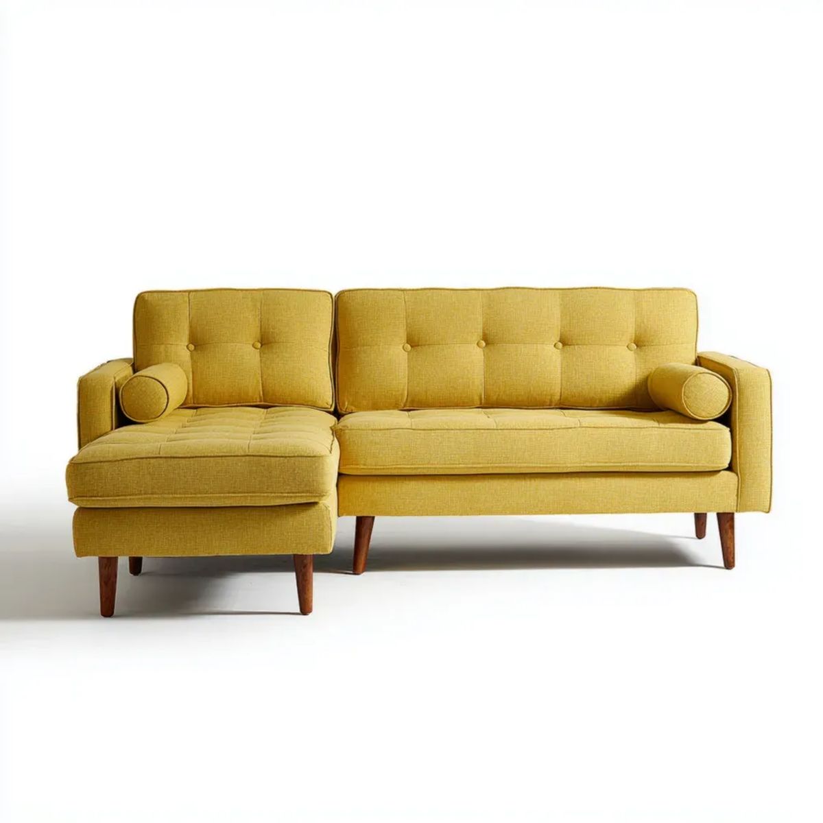 Sofa, 3-osobowa w lewo narożnik w żółtym rogu musztarda w sofie z poliestru i drewna brukselskiego, 220 x 150 x 85 cm